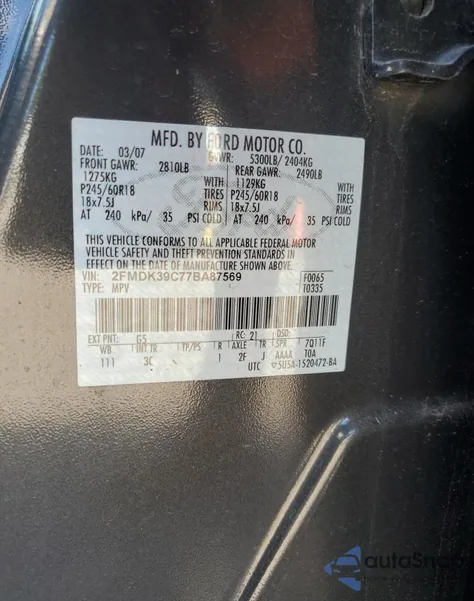 2007 Ford Edge Sel Plus z USA, uszkodzony, nr VIN 2FMDK39C77BA87569